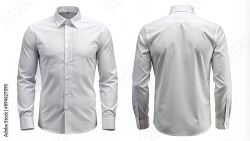 High-quality image of a crisp white men's dress shirt, front and back views isolated on a pure white background.
