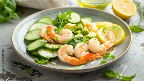 Salad with shrimp avocado cucumbers and herbs dressed image