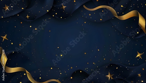 Dark blue background with golden stars and ribbons, a luxury elegant background for banner design, greeting card or invitation template. Vector illustration. Dark blue background with gold stars and r