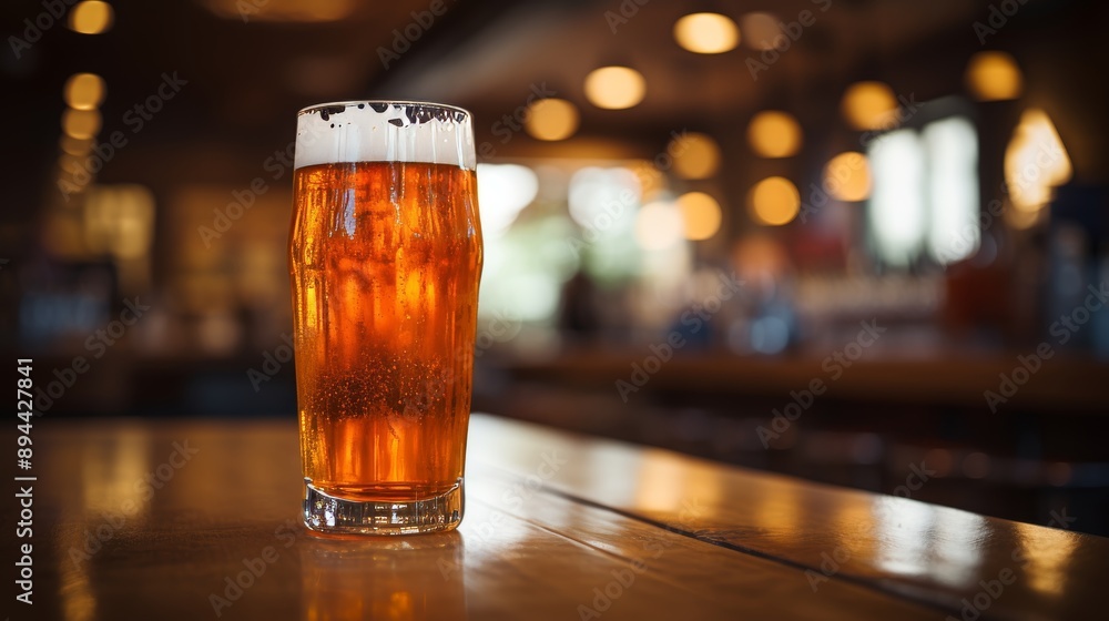Golden craft beer in clear glass on wooden surface with soft focus background, refreshing ale drink Golden craft beer in clear glass on wooden surface with soft focus background, refreshing ale drink
