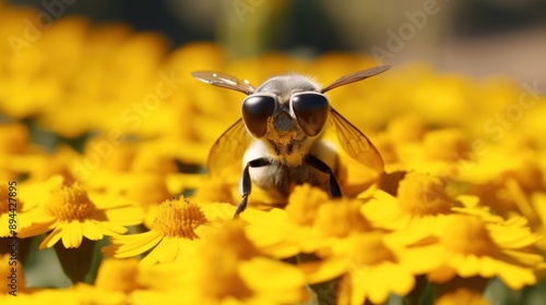 Bee with Big Eyes in a Field of Flowers