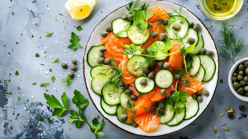 Salad with salmon cucumbers capers and dill dressed