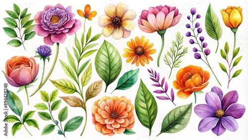 Fototapeta Naklejka Na Ścianę i Meble -  Vibrant watercolor botanical elements, including flowers and leaves in purple, orange, and green hues, on a transparent background, isolated.