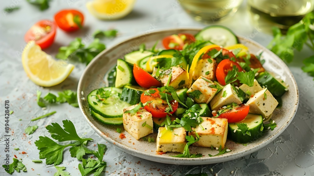 Salad with tofu avocado cherry tomatoes cucumbers picture Salad with tofu avocado cherry tomatoes cucumbers picture