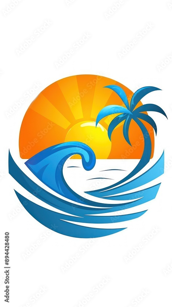 Tropical wave and sunset logo with palm tree design Tropical wave and sunset logo with palm tree design