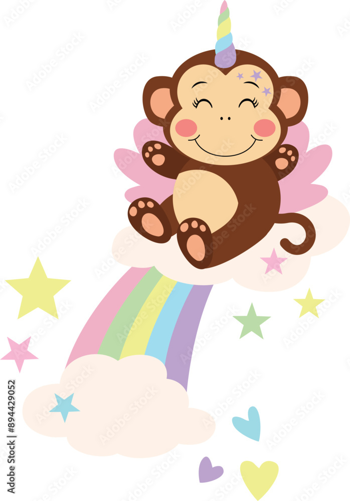 Unicorn monkey on rainbow with clouds