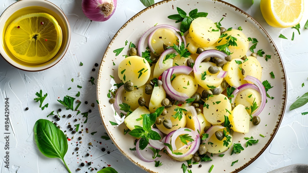 Salad with boiled potatoes red onions herbs image Salad with boiled potatoes red onions herbs image