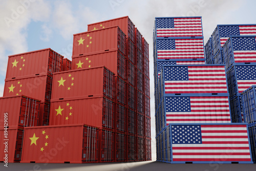 China and US shipping container facing each other, Trav war and tax wall of secondary sanctions and world economic