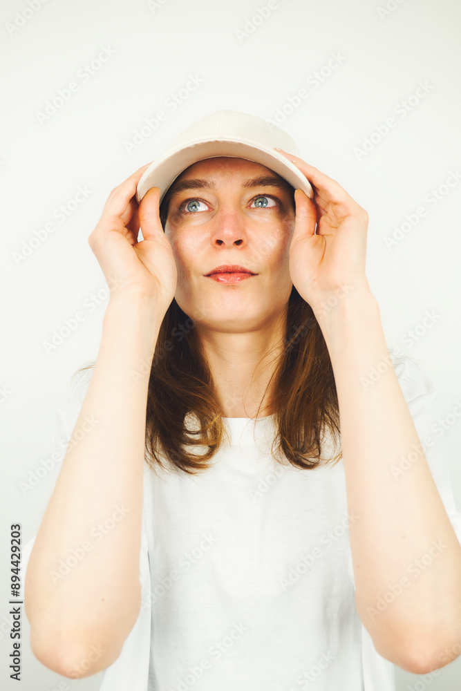 Portrait of beautiful Caucasian young female model with blue eyes, white shirt and cap, fashion and lifestyle, isolated on white background, copy space area