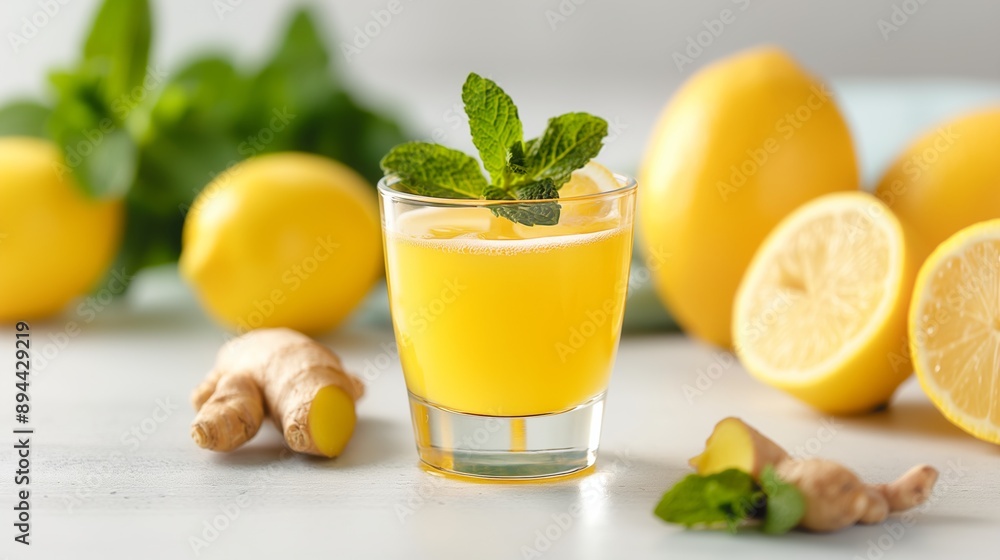 Refreshing lemon and ginger drink with mint garnish. Refreshing lemon and ginger drink with mint garnish.