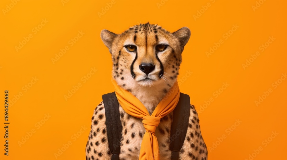 Cheetah with Backpack and Scarf on Orange Background Cheetah with Backpack and Scarf on Orange Background