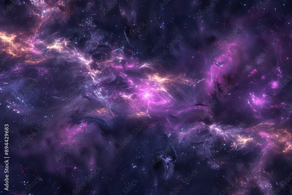 Obraz premium Cosmic 3D background with nebulas, stars, and swirling galaxies in vibrant purple and blue hues, creating a mesmerizing and ethereal space scene.