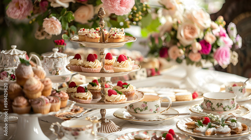 Elegant high tea setting with fine china, tiered trays of pastries, and floral arrangements, illustrating sophistication and tradition.