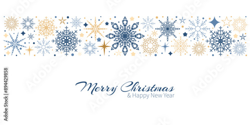 Christmas snowflake border with greetings. Holiday card with snowflakes