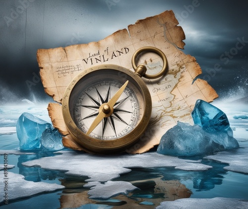 a vintage compass on ice floes with a Vinland map in the background, evoking a sense of historical exploration. photo