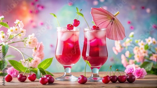 Vibrant pink cherry beverage with umbrellas and garnishes against pastel background, evoking relaxing mood for a restful slumber. photo