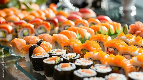 Buffet table with assorted sushi and rolls decorated img