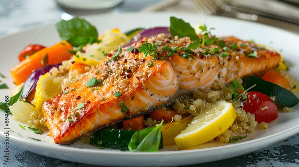 Plate of baked salmon quinoa and roasted vegetables picture Plate of baked salmon quinoa and roasted vegetables picture
