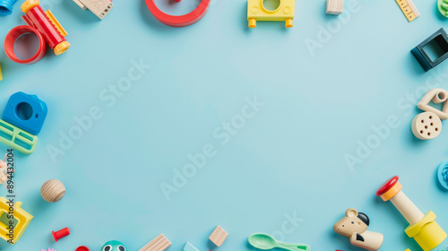 Plastic and wooden kids toys arranged in a frame on a light blue background with blank space for text. Kids toys background banner, panorama. Top view, flat lay.