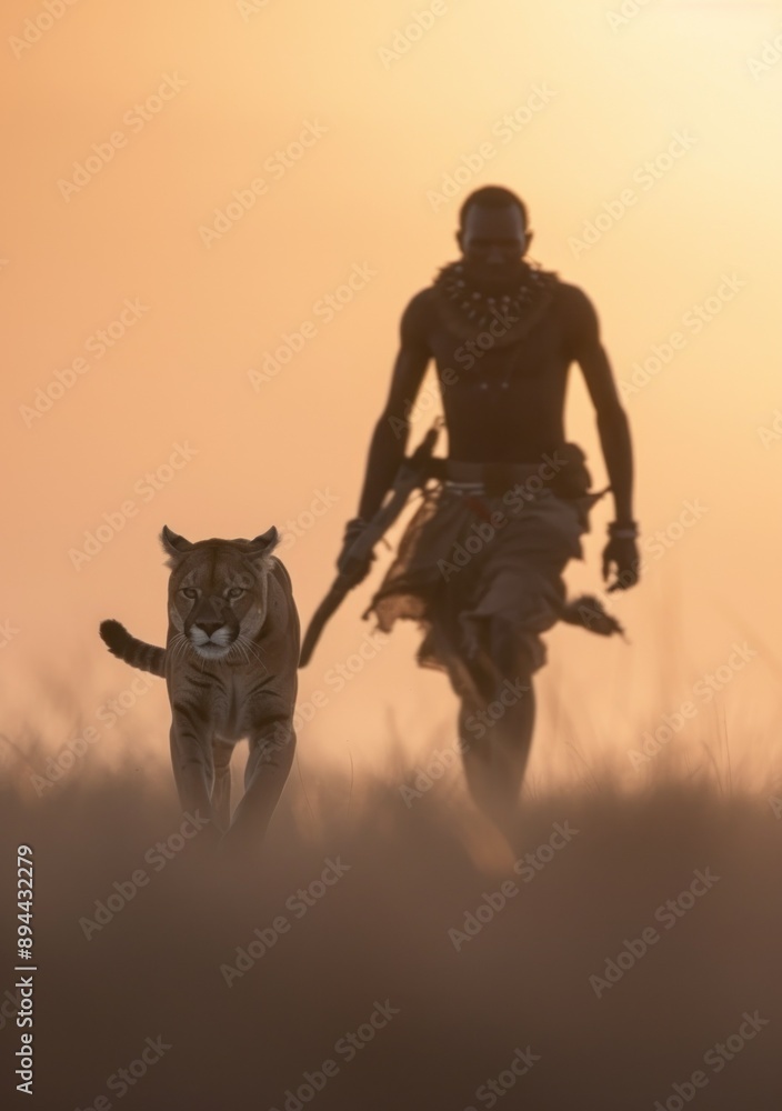 Naklejka premium Feline and warrior walking harmoniously at dawn