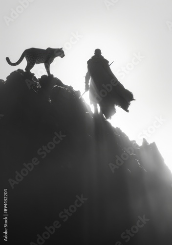 Warrior and leopard on rocky cliff in sunlight. photo