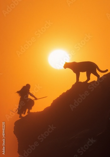 Warrior and leopard atop cliff during vibrant sunset. photo