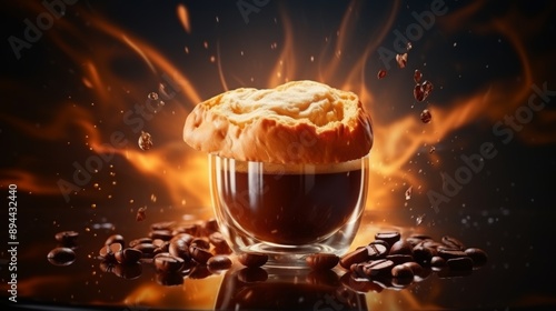 Single coffee bean exploding in splash, suspended in air, isolated on white background