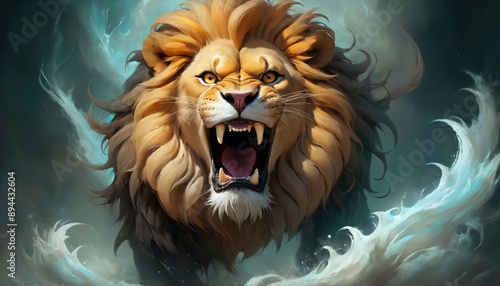 Fantasy Illustration of a wild animal lion. Digital art style wallpaper background.