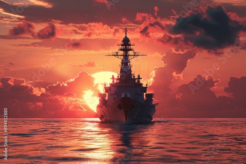 ai generative silhouette of a warship on the sea at sunset