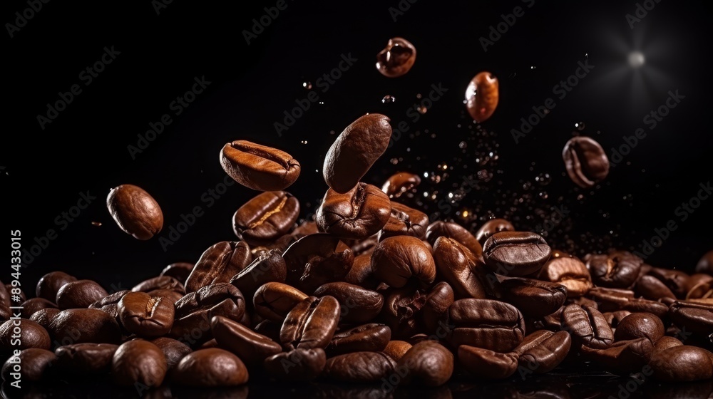 Coffee bean explosion suspended in air creating a splash, isolated for compelling visual impact Coffee bean explosion suspended in air creating a splash, isolated for compelling visual impact
