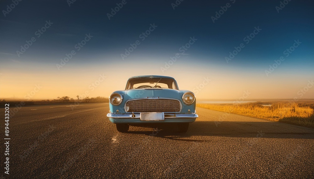 Fototapeta premium blue classic car facing the camera, minimalist, deadpan, banal, cool, clinical, urban, iconic, conceptual, subversive, sparse, restrained, symbol