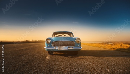 blue classic car facing the camera, minimalist, deadpan, banal, cool, clinical, urban, iconic, conceptual, subversive, sparse, restrained, symbol © Monmeo