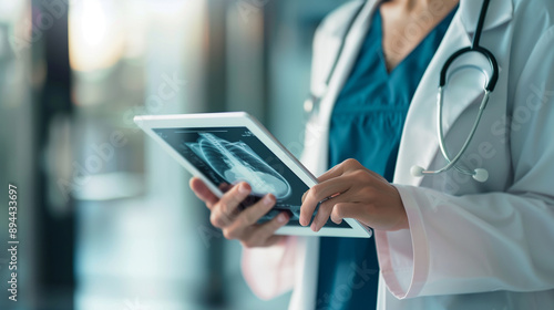 Doctor holding a digital tablet with mammography