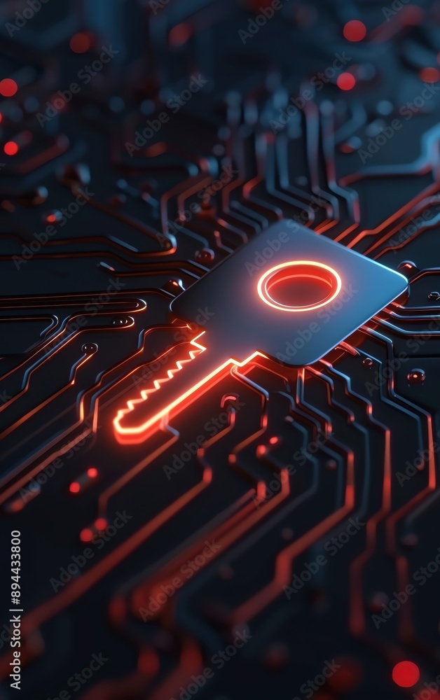 A glowing key on a circuit board representing cybersecurity, encryption, and digital security. High-tech concept for secure data access. A glowing key on a circuit board representing cybersecurity, encryption, and digital security. High-tech concept for secure data access.