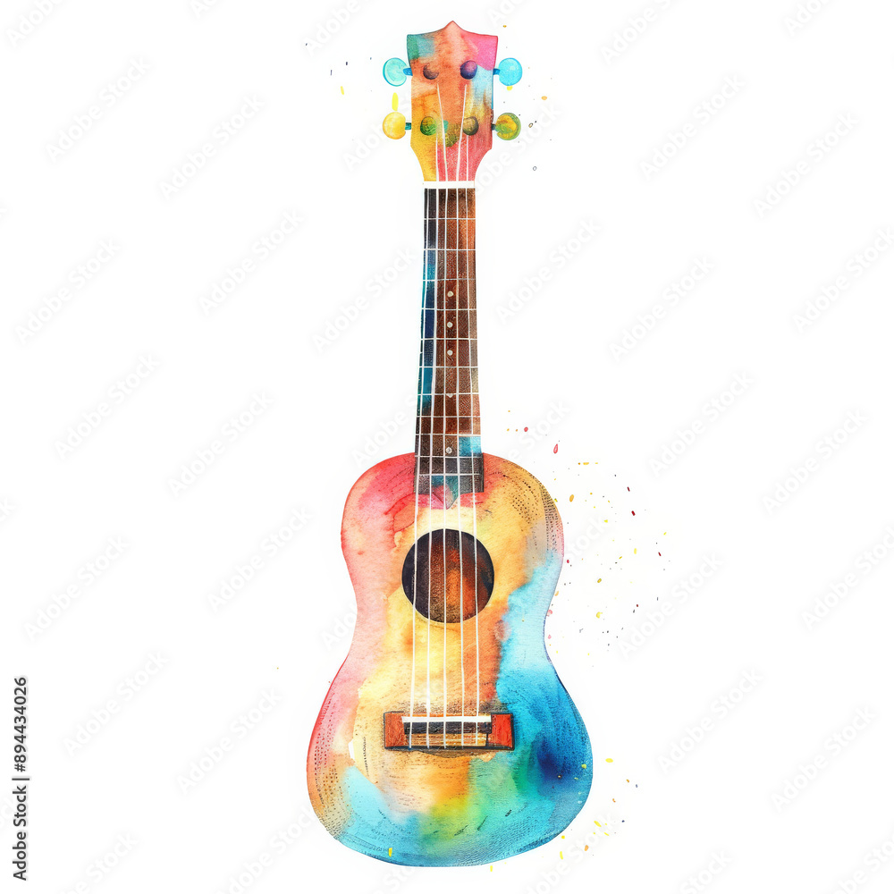 A colorful watercolor illustration of a ukulele, displaying a harmonious blend of vibrant colors, isolated on white background.