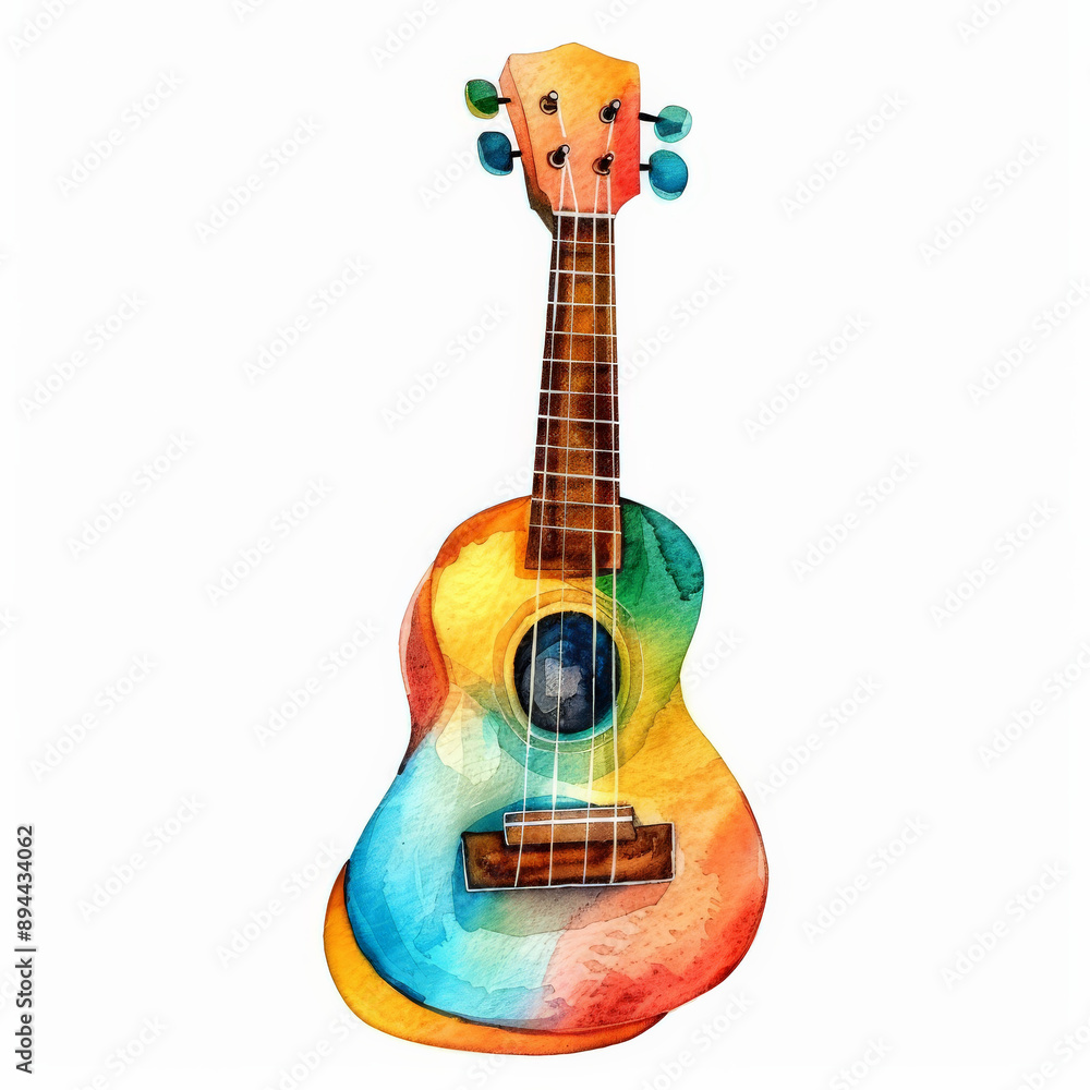 A colorful watercolor illustration of a ukulele, displaying a harmonious blend of vibrant colors, isolated on white background.