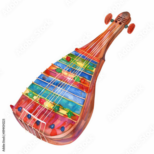 A colorful watercolor illustration of a dulcimer, showcasing a mix of bright and dynamic colors, isolated on white background. photo