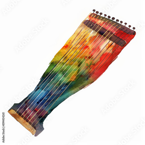 A colorful watercolor illustration of a nyckelharpa, displaying a bold and dynamic spectrum of colors, isolated on white background. photo