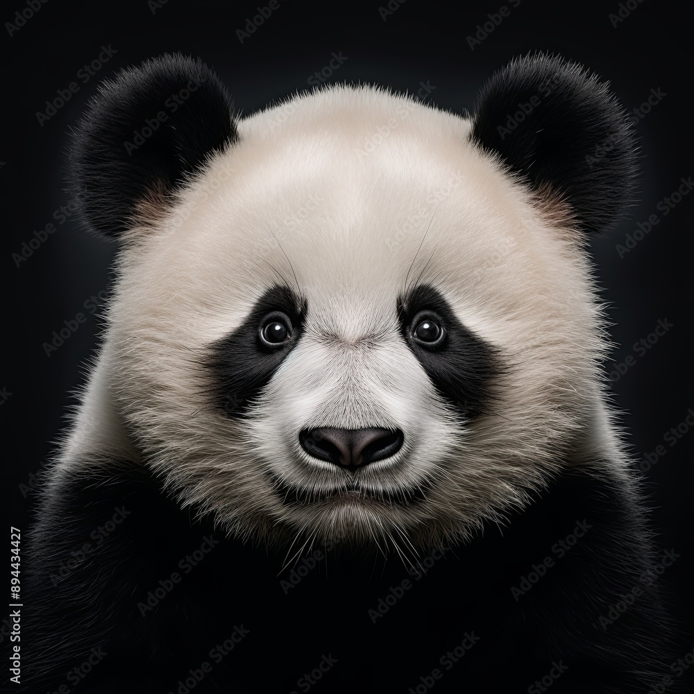 Obraz premium Close-up of a young giant panda cub with fluffy fur and captivating black eyes, exuding wonder and innocence against a dark backdrop. Ideal for wildlife photography enthusiasts.