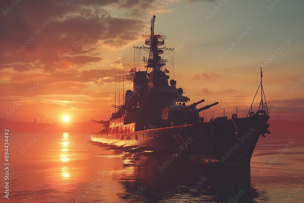 ai generative silhouette of a warship on the sea at sunset ai generative silhouette of a warship on the sea at sunset