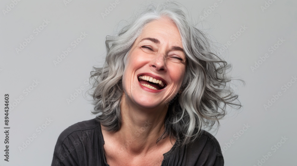 Portrait of a happy gray-haired woman having fun on a light gray background. Beauty, fashion concept. Portrait of a happy gray-haired woman having fun on a light gray background. Beauty, fashion concept.