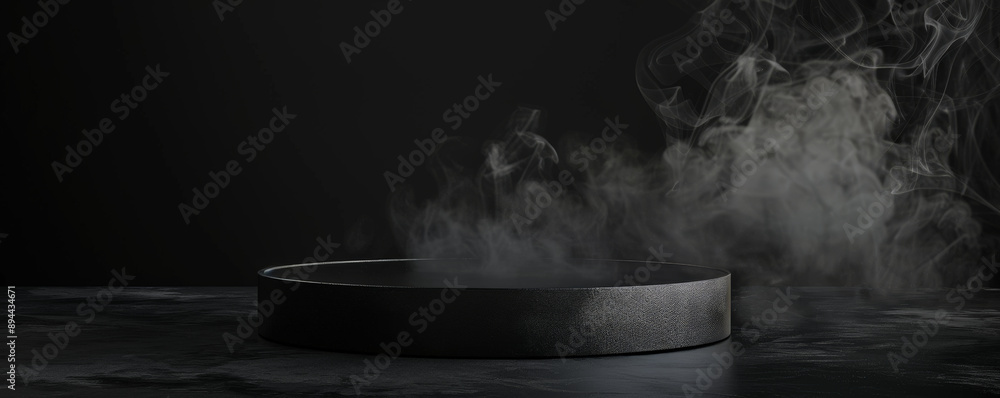 A matte black podium with an empty pedestal, set against a pitch-black background. Wisps of smoke curl around the base, creating a subtle yet dramatic effect. The matte finish of the metal absorbs