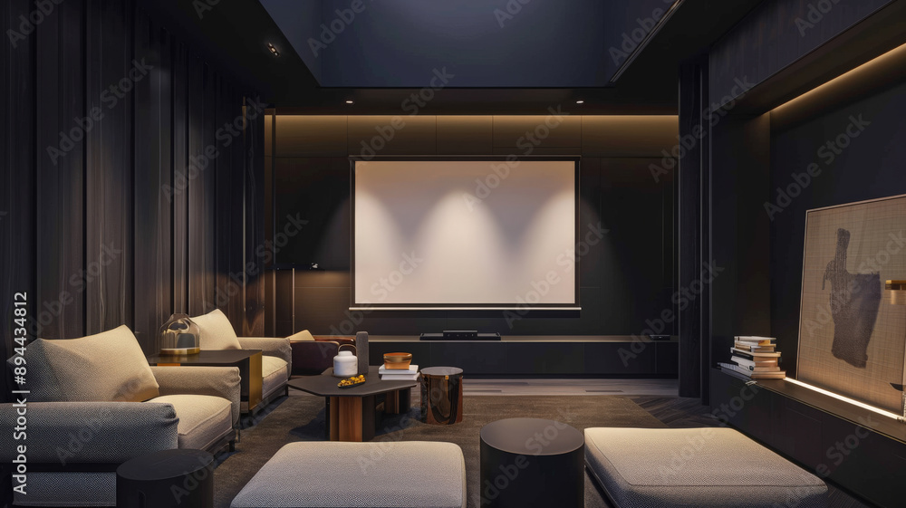 An empty poster frame on a sleek black wall in a modern media room, with a large screen, plush seating, and a stylish media console. An empty poster frame on a sleek black wall in a modern media room, with a large screen, plush seating, and a stylish media console.