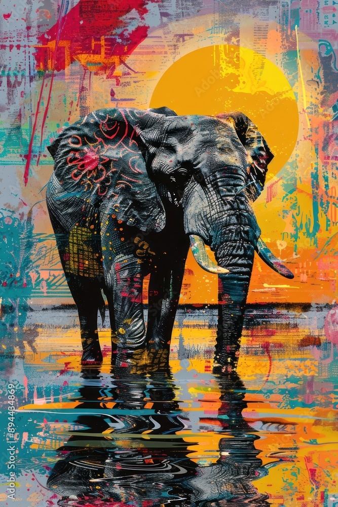 Fototapeta premium Vibrant Elephant with Abstract Sun Background Art.