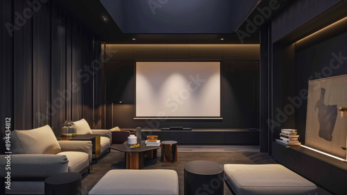 An empty poster frame on a sleek black wall in a modern media room, with a large screen, plush seating, and a stylish media console.