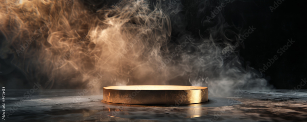 A sleek, metallic gold podium with an empty pedestal, on a dark stage with dense, swirling smoke. The reflective surface of the metal catches the light, creating a striking contrast with the dark A sleek, metallic gold podium with an empty pedestal, on a dark stage with dense, swirling smoke. The reflective surface of the metal catches the light, creating a striking contrast with the dark