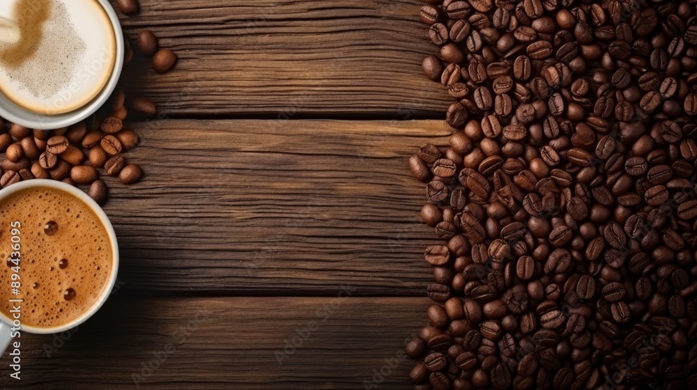 Top view of espresso cup and beans on wooden table, rustic background for coffee banner Top view of espresso cup and beans on wooden table, rustic background for coffee banner