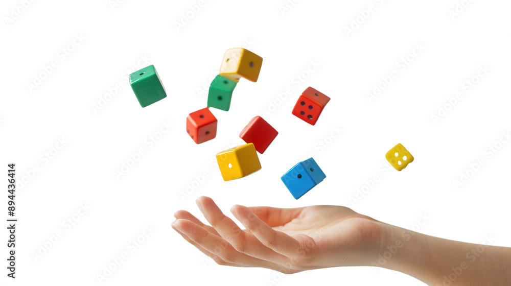 Colorful Dice Falling From A Hand Against White Background Colorful Dice Falling From A Hand Against White Background