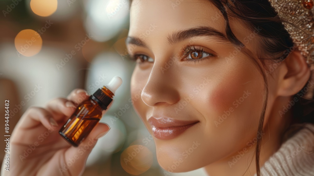 Fototapeta premium Woman holding an amber essential oil bottle, promoting natural skincare and wellness. Soft focus background with warm bokeh lights.