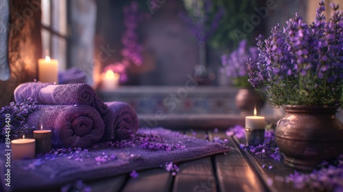 Serene spa setting with lavender towels, candles, and flowers, creating a tranquil ambiance for relaxation and rejuvenation.